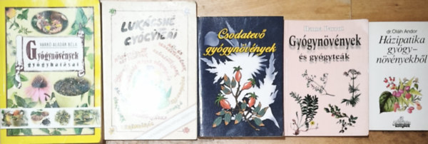 Dr. Ol�h Andor, Hanna Parrot, Varr� Alad�r B�la - 5db gy�gyn�v�nyekkel kapcsolatos k�nyv - H�zipatika gy�gyn�v�nekb�l, Gy�gyn�v�nyek �s gy�gyte�k, Csodatev� gy�gyn�v�nyek, Luk�csn� gy�gyte�i, Gy�gyn�v�nyek gy�gy�t�sai