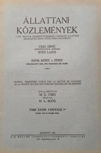 Csiki Ern�, So�s Lajos (szerk.) - �llattani k�zlem�nyek XXVIII. k�tet 1. f�zet