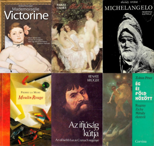 Debra Finerman, Zoltán Péter, Barát Endre, Renate Krüger, Pierre La Mure, Irving Stone - 6 db könyv világhírű festők életéről: Mademoiselle Victorine + Alvó Vénusz - Regény Lotz Károly életéről + Michelangelo - Regényes életrajz + Ég és föld között - Regény Zichy Mihály életéről + Moulin Rouge - Henri De Toulou