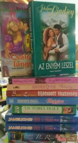 Susan Wiggs, James Jones, Victoria Holt, Bertrice Small, Sindey Lawrence, Amanda Quick, Barbara Delinsky, Johanna Lindsey, Kathleen E. Woodiwiss - 9 db-os KÖNYVMENTŐ AJÁNLAT tíz kötetben, romantikus: Pizza Rosa+ Szerelem az Antillákon I-II.+ Keserű szerelem+ Megigézve+ Eljátszott tisztesség+ Botrány+ Ki szeret a végén+ Az enyém leszel+ Csalóka lángok
