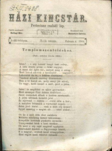 Ballagi Mór (szerk.), Batizfalvi István - Házi kincstár. Protestáns családi lap. 5-dik évfolyam. 3-ik szám. Február 4. 1864.