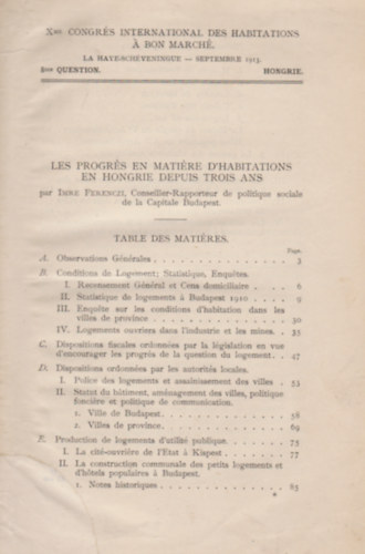 Ferenczi Imre - Les progrés en matiére d'habitations en Hongrie depuis trois ans