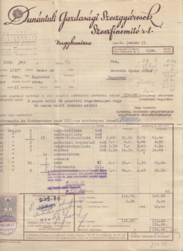 Dunntli Gazdasgi Szeszgyrosok - Szmla 1942. janurjbl