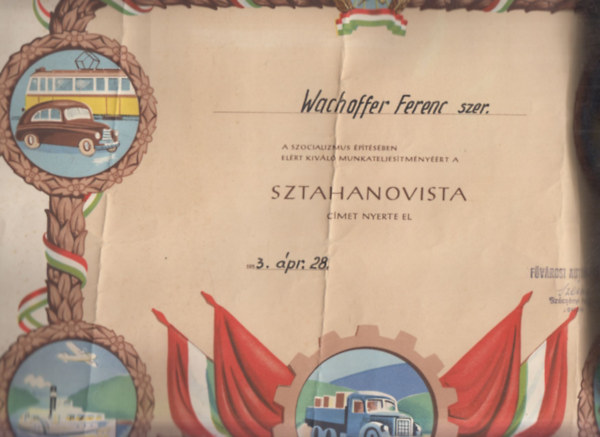 Fvrosi Autbuszzem Sztahanovista oklevl (szocrel oklevl)