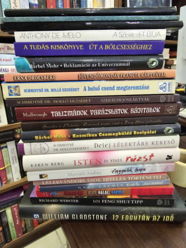 William Gladstone, Richard Webster, Berente gi, Nagy Kzmr, Horvth Andrea, Schmidtn Dr. Holl Erzsbet, Barbel Mohr, Erna Droesbeke, Anthony De Mello - 20db ezoterika KNYVMENT AJNLAT: 12-Fogytn az id, 101 feng shui tipp, let-hall-karma, Ki volt n elz letben?, Llekvndorlsok hiteles trtnetei, Angyalok tnca, Isten is visel rzst, Delej-Llektrs keres, Kozmikus