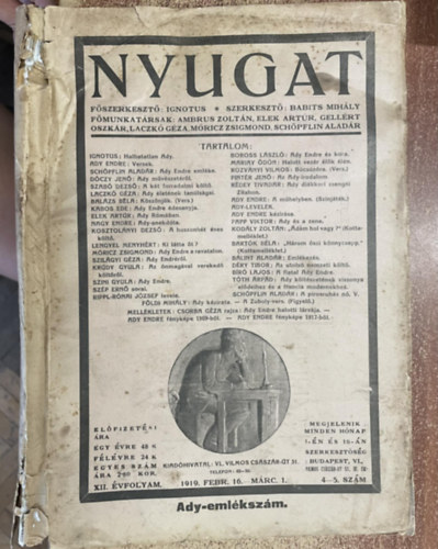 Nyugat XII. vfolyam 4-5. szm 1919. febr. 16.-mrc. 1. - Ady-emlkszm