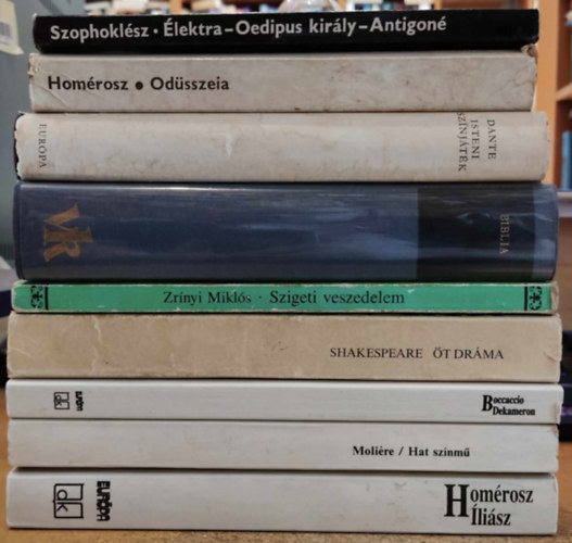 Homérosz, Zrínyi Miklós, Szophoklész, Dante, Boccaccio, Moliére, Shakespeare - 9 db kötelező olvasmányok: Öt dráma; Hat színmű; Dekameron; Isteni színjáték; Biblia; Élektra - Oedipus király/Antigoné; Szigeti veszedelem; Ödusszeia; Íliász