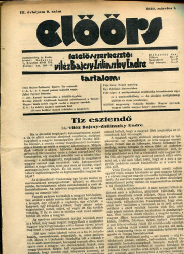 vitz Bajcsy-Zsilinszky Endre ( felels szerkeszt) - Elrs folyirat III. vf. 9. szm. 1930. mrcius 1.