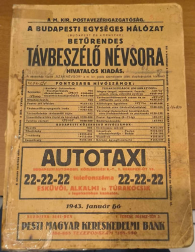 A Budapesti Egys�ges H�l�zat bet�rendes t�vbesz�l� n�vsora 1943. janu�r h�