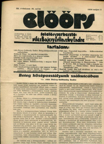 vitz Bajcsy-Zsilinszky Endre ( felels szerkeszt) - Elrs folyirat III. vf. 18. szm. 1930. mjus 3.