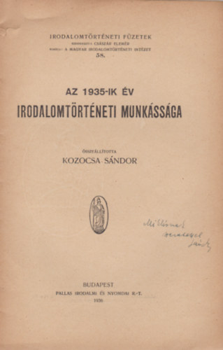 Kozocsa Sándor - Az 1935-ik év irodalomtörténeti munkássága