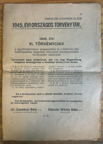 1945. �vi VI. T�rv�nycikk (1945. �vi orsz�gos t�rv�nyt�r)