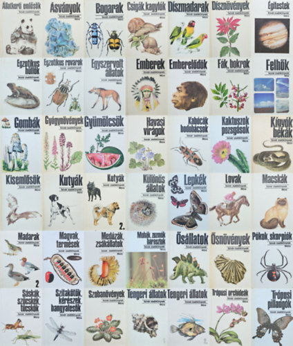 P�nzes Bethen, K�kay Szab� Orsolya, Tasn�di Kubacska Andr�s, Dr. Endr�di Seb�, Dr. Krolopp Endre, Vargha B�la, Debreczy Zsolt, Csaba Gy�rgy G�bor, Janisch Mikl�s, V�s�rhelyi Tam�s, Farka - 42 db B�v�r Zsebk�nyv: �llatkerti eml�s�k + �sv�nyok + Bogarak + Csig�k, kagyl�k + D�szmadarak + D�szn�v�nyek + �gitestek + Egzotikus h�ll�k + Egzotikus rovarok + Egyszervolt �llatok + Emberek + Emberel�d�k + F�k, bokrok + Felh�