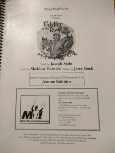 Book by Joseph Stein, Lyrics by Sheldon Harnick, Music by Jerry Bock - Fiddler on the Roof (Piano Vocal Score)