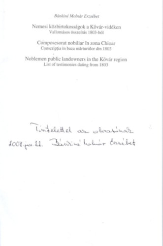 Bnkin Molnr Erzsbet - Nemesi kzbirtokossgok a Kvr-vidken - Vallomsos sszers 1803-bl - dediklt