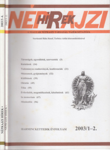 Hla Jzsef (szerk.) - Nprajzi hrek 2003/1-4. (teljes vfolyam, 2 db. lapszm)