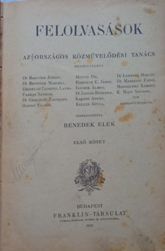 Benedek Elek (szerk.) - Felolvasások az Országos Közművelődési Tanács megbízásából I.