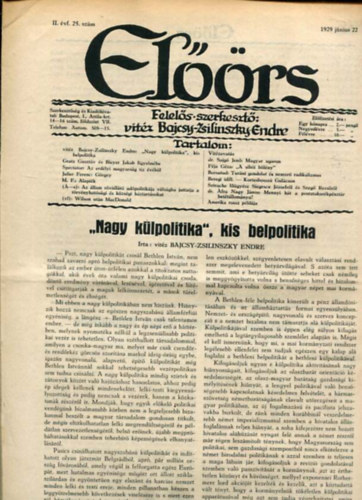 vitz Bajcsy-Zsilinszky Endre ( felels szerkeszt) - Elrs folyirat II. vf. 25. szm. 1929. jnius 22.