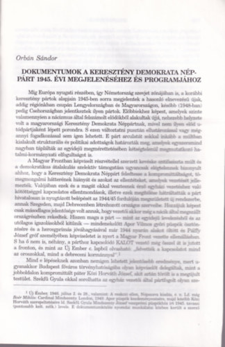 Orbn Sndor - Dokumentumok a Keresztny Demokrata Npprt 1945. vi megjelenshez s programjhoz - Klnlenyomat